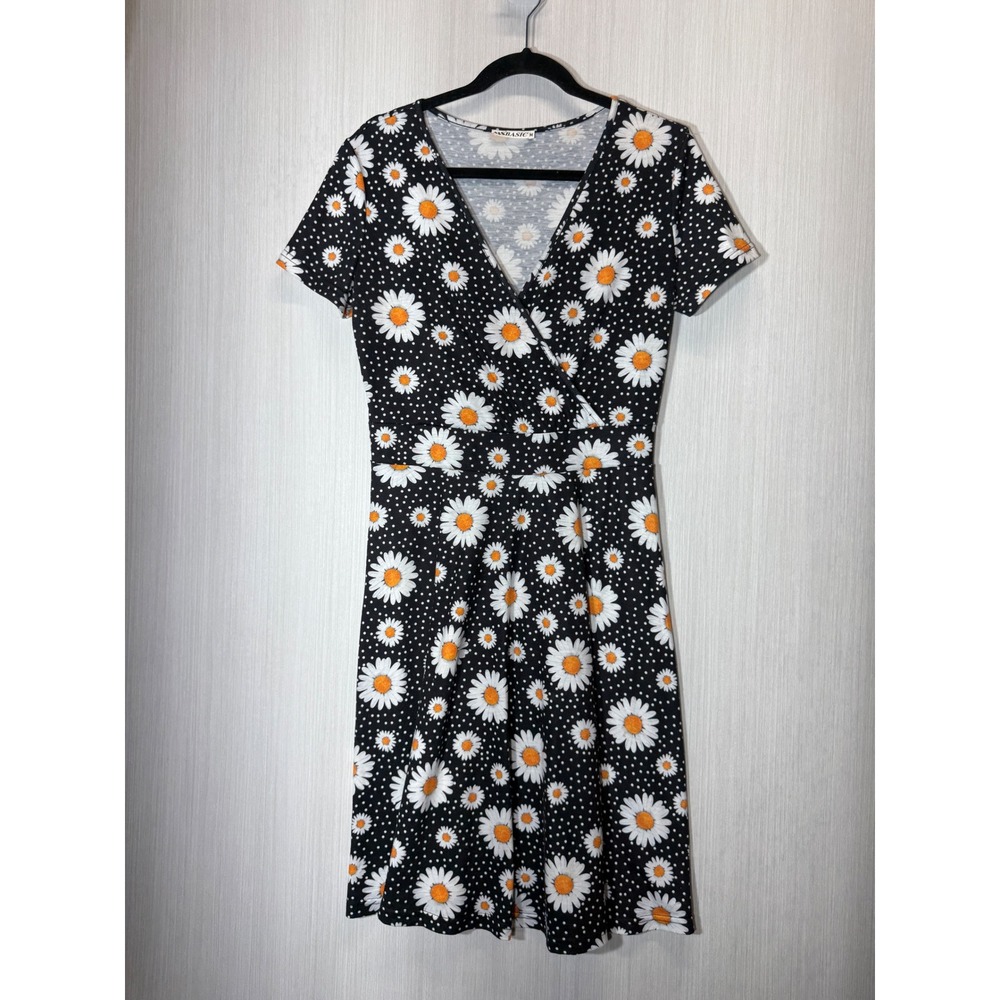 MSBASIC Women Black Daisy Polka Dot Floral Faux Wrap V-Neck Dress Medium